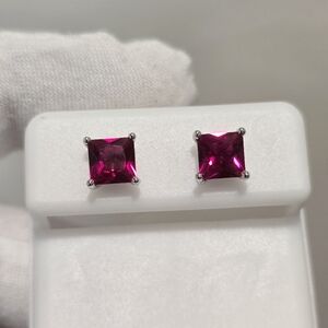 Square Princess Cut 6mm Ruby Red Corundum 925 Sterling Silver Stud Earrings NWT